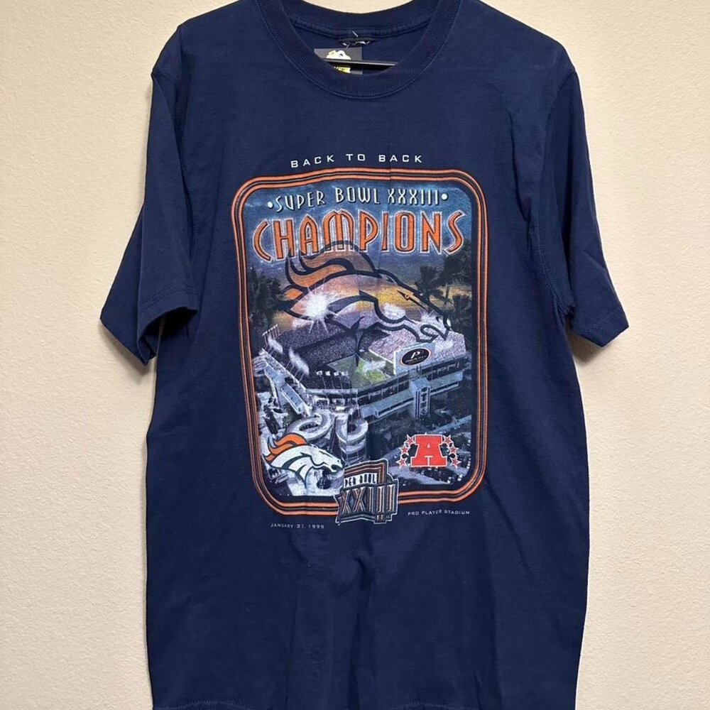 Vintage 1999 Denver Broncos Super Bowl XXXIIl Champions Pro Player Navy Tee